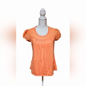Motherhood Maternity Women's Orange Short Sleeve Pullover Top Eyelet Lace